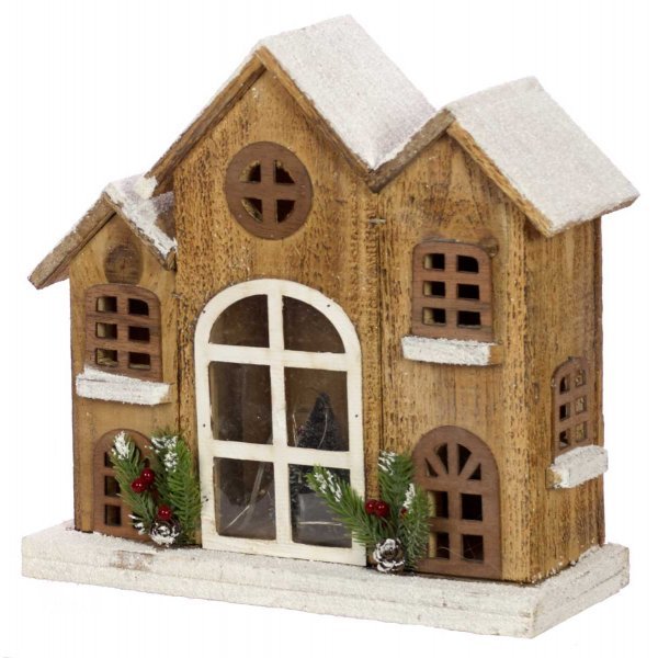 Χριστουγεννιάτικο Ξύλινο Διακοσμητικό Σπίτι Καφέ με 15 LED (31cm)